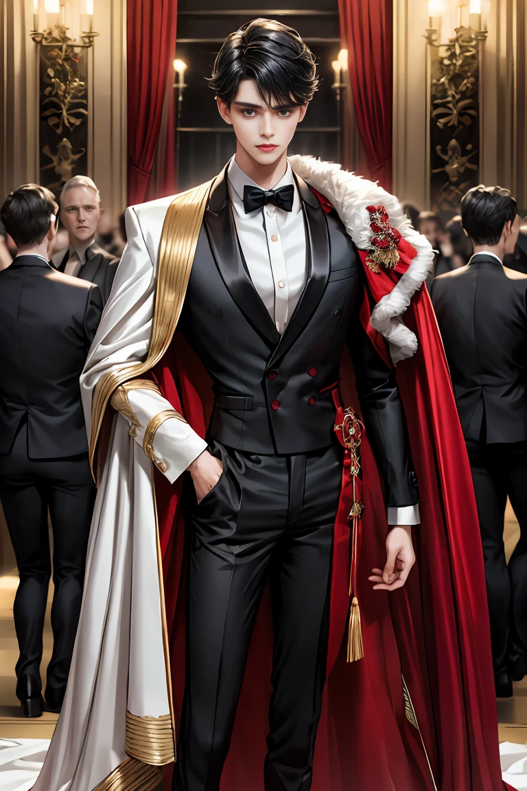 masterpiece, 最high quality, high quality, 1 boy, alone, Male focus, Watching the audience, Messy black hair, Adorable big blue eyes, White people, Noble, Noble,Sexy voluminous black and red cape、Tuxedo、A very voluminous, large, very large, very large, long, long red and black cape with a high stand-up collar, reaching down to the floor, made of a lot of fabric., ,Cute beautiful boys,Cute, cute, kind, handsome guy
