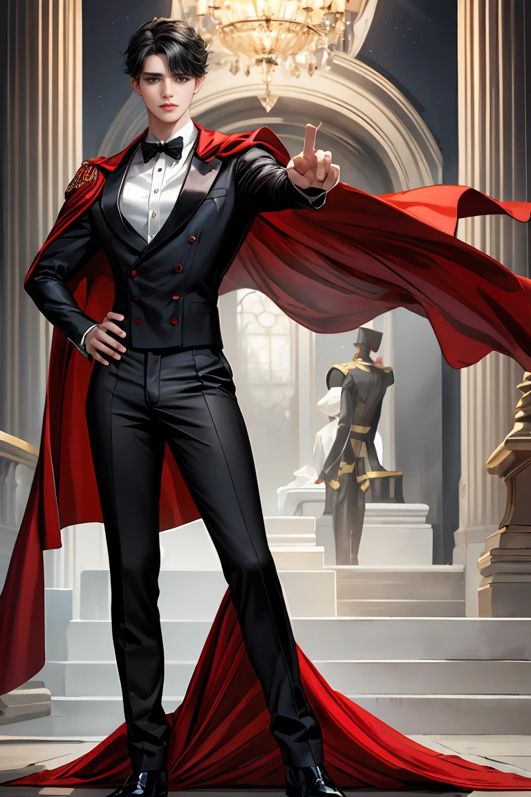 masterpiece, 最high quality, high quality, 1 boy, alone, Male focus, Watching the audience, Messy black hair, Adorable big blue eyes, White people, Noble, Noble,Sexy voluminous black and red cape、Tuxedo、A very voluminous, large, very large, very large, long, long red and black cape with a high stand-up collar, reaching down to the floor, made of a lot of fabric., ,Cute beautiful boys,Cute, cute, kind, handsome guy