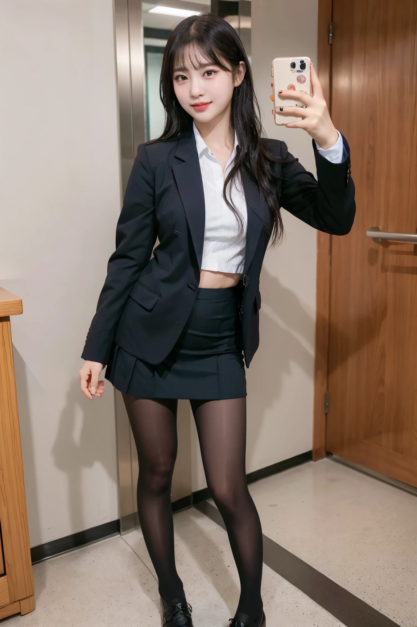 (8k), (highest quality: 1.2), (Realistic), (Realistic: 1.37), Ultra-high resolution, 1 girl, cute, smile, Mouth closed, Beautiful details, Beautiful Nose, whole body, Wet Hair, Giant Dulcefo, pork, Thighs,Selfie,Navel exposed,University Student Uniform,A simple blazer,Pleated skirt,Platform boots,Are standing, natural pantyhose