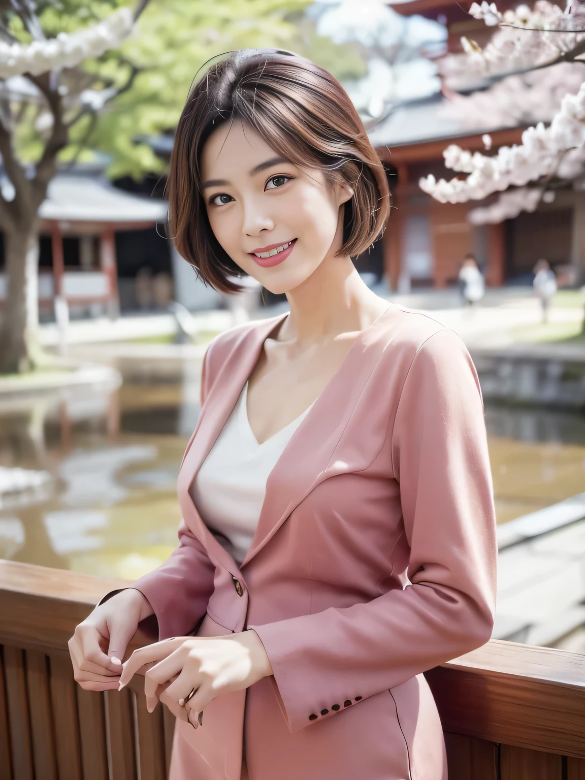 50-year-old women,Retro Photography, 1960s , AGFA, Kodak, One girl, Lookwg_w_Audience, smile, Japan, Tokyo, Cherry Blossom, Octane Renderwg, 一人w, Very skwny,V-neck suit