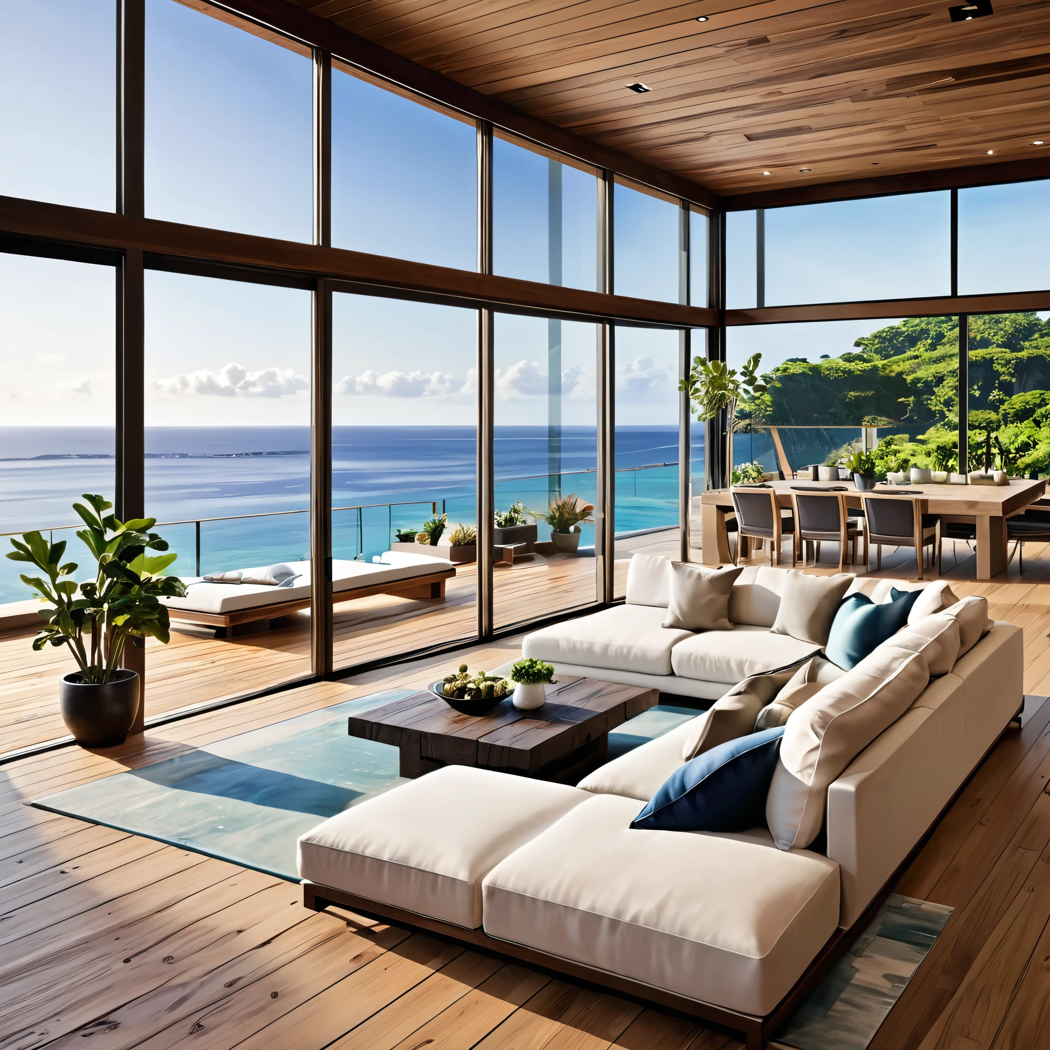 Create a luxurious seaside living room with expansive glass windows offering a stunning ocean view. The space should feature a large, comfortable sectional sofa with plush cushions, an elegant indoor pool, and natural wooden flooring. Incorporate modern, minimalist furniture with warm lighting to enhance the cozy atmosphere. Add natural elements like potted plants and wooden accents to blend the indoor space with the outdoor scenery. The overall design should exude warmth, luxury, and a seamless connection with the ocean view.