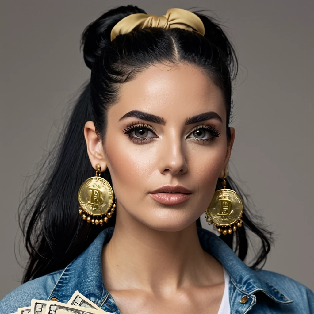 
white woman, stubble facial hair, big nose, makeup, black hair tied back, , thick and neat, black eyes, seductive and proud look, big golden earrings, holds dollar bills