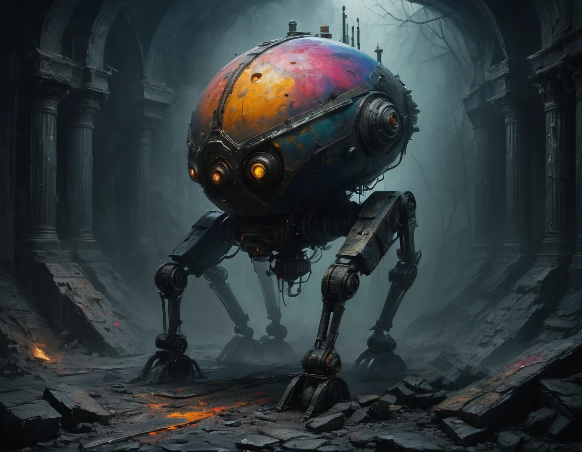 Concept art in dark fantasy style, surreal art, evil robot in the head hatch [Tiplopoda (Diplopoda)
Source: https://naturewiki.info/bespozvonochnye/mnogonozhki], epic, cinematic, fusion reactor in the stomach, transparent elements., Oil painting, on trend, muted colors, slate tones, brush strokes, plump knife marks, sharp areas nearby with smooth areas, dark next to light, soft next to hard, explosion of colorful paint, ridges of thick paint creating shadows and thick texture, smoky grainy areas next to smooth open areas, a sense of three-dimensionality, abstraction of detail in color and shape, (( oily texture with lumps of paint)). . magnificent, heavenly, evil, cinematic, epic, majestic, magical, fantasy photos, covers, gritty and realistic