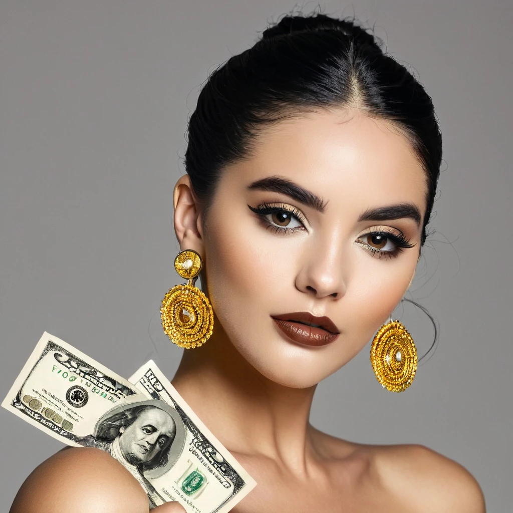 white woman, stubble facial hair, big nose, makeup, black hair tied back, , thick and neat, black eyes, seductive and proud look, big golden earrings, holds dollar bills