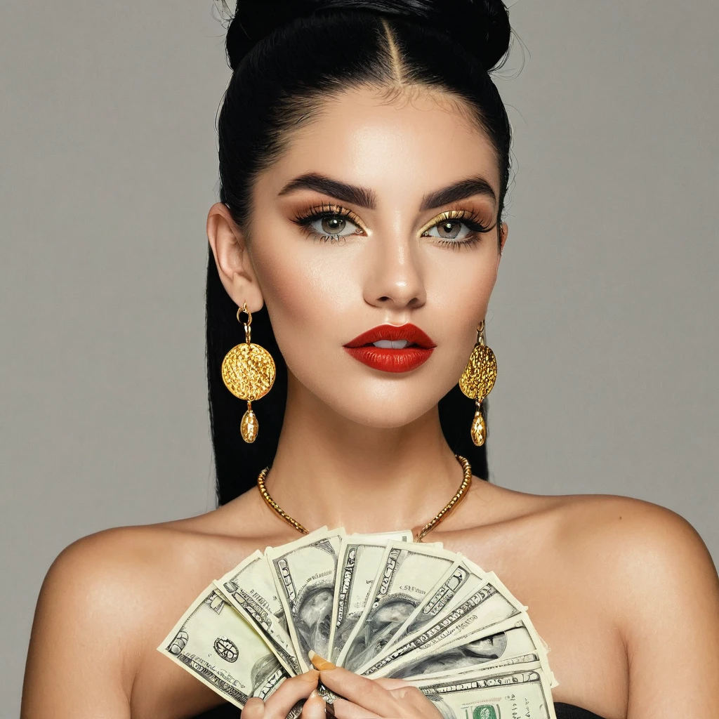 white woman, stubble facial hair, big nose, makeup, black hair tied back, , thick and neat, black eyes, seductive and proud look, big golden earrings, holds dollar bills