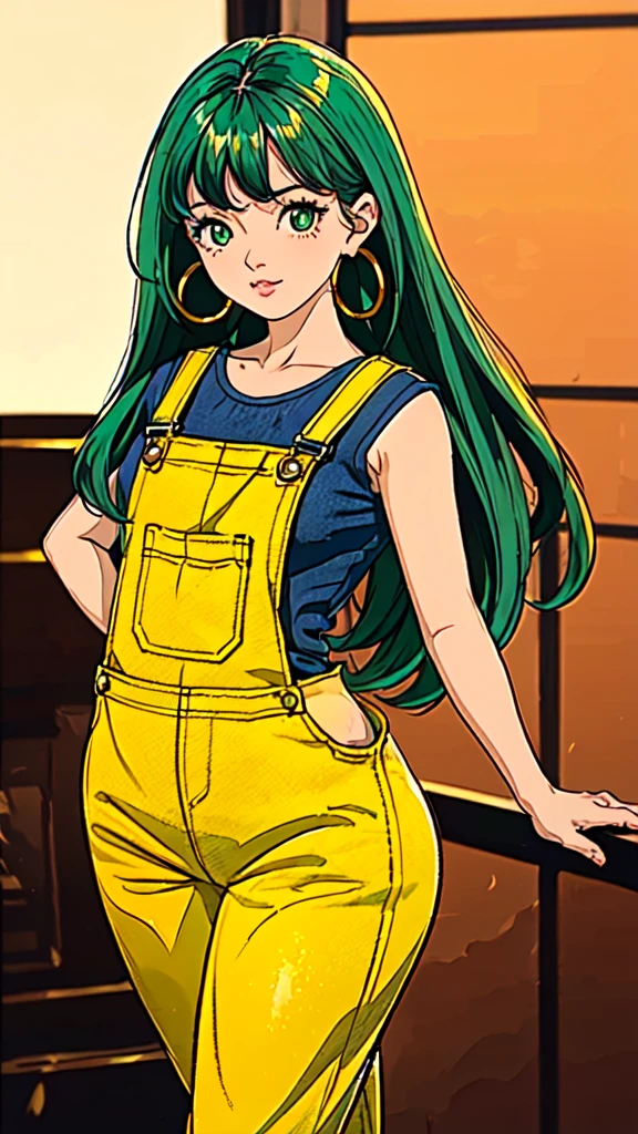 masterpiece, best quality,1girl, ((young girl)), ((large round magical green eyes)), shiny skin, (thin waist), (long curlly green hair), ((curvy)), ((wide hips)), ((hoop earrings)), ((small size)) , ((( yellow overalls))), hot, soft natural lighting, reflections, bright illuminations, deep dark black skin, ((yellow outfit)), full body