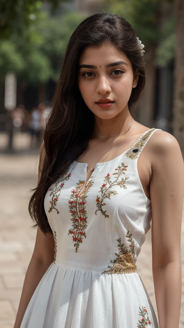 A beautiful young woman, Ananya Pandey wearing embroidery printed anarkali suit white Full figure view, perfect anatomy, ultra detailed face and eyes, ultra sharp HDR, realistic realism, 8k