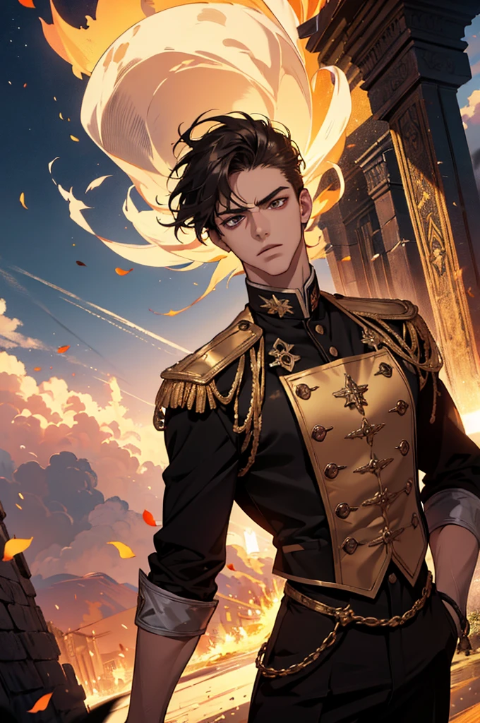 (absurdres, highres, ultra detailed), 1 male, adult, handsome, tall muscular guy, broad shoulders, finely detailed eyes and detailed face, fantasy, dark theme, cinematic lighting, colorful, portrait, flying petal, Flowery meadow, cloudy sky, building, sun, light, dutch angle, cowboy shot, golden hair, burning, golden flames, white and red uniform, short hair, standing in front of sun