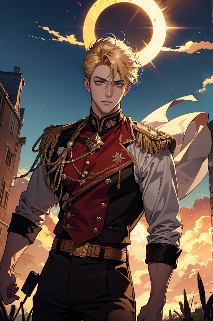 (absurdres, highres, ultra detailed), 1 male, adult, handsome, tall muscular guy, broad shoulders, finely detailed eyes and detailed face, fantasy, dark theme, cinematic lighting, colorful, portrait, flying petal, Flowery meadow, cloudy sky, building, sun, light, dutch angle, cowboy shot, golden hair, burning, golden flames, white and red uniform, short hair, standing in front of sun