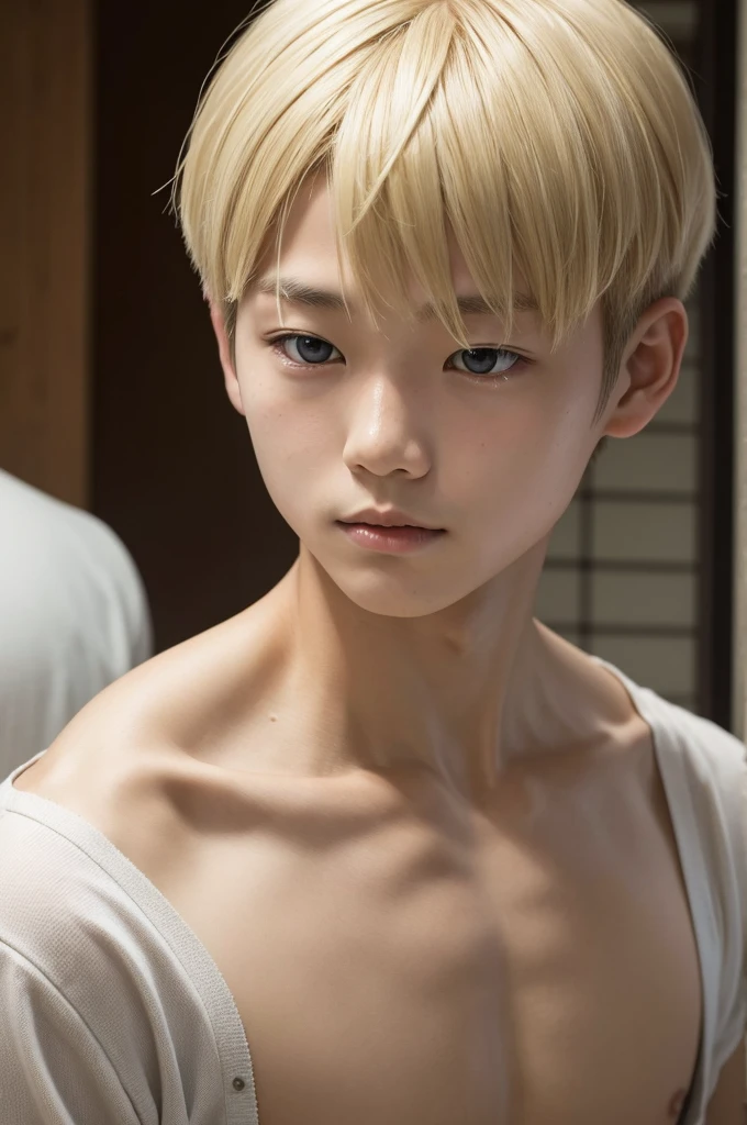 A Japanese boy with blond hair cut down to his shoulders