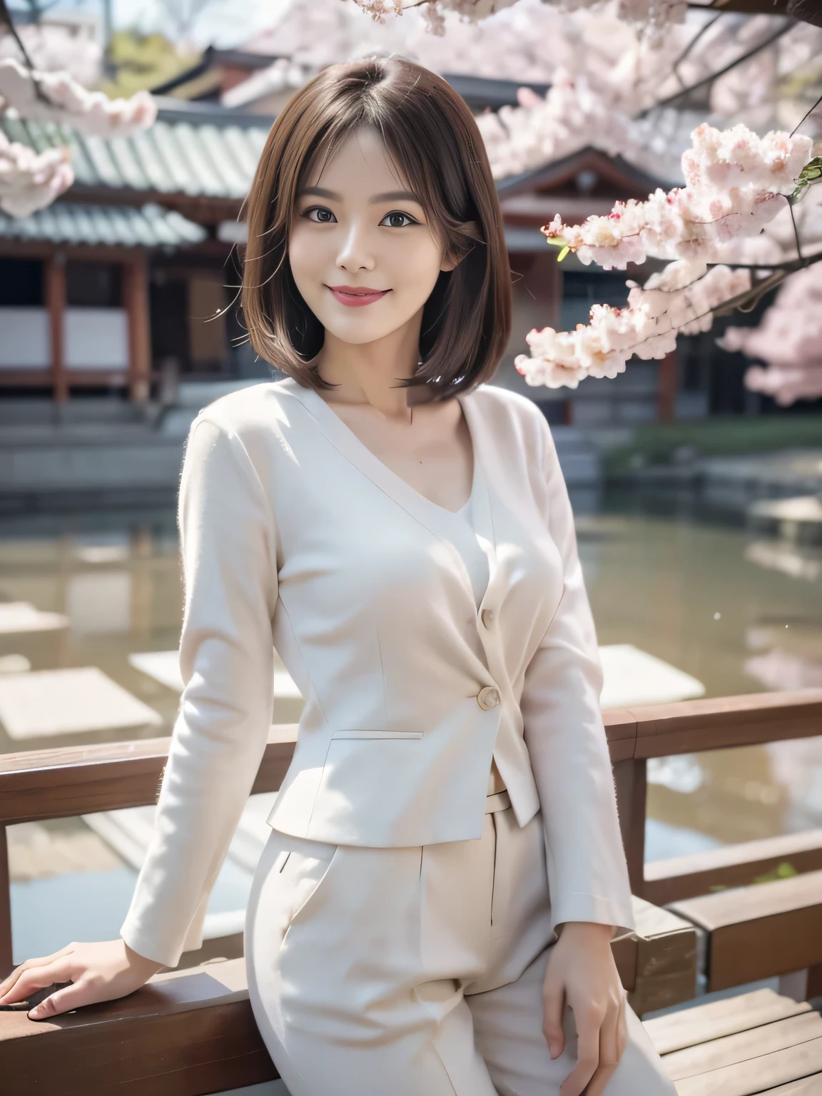 50-year-old women,Retro Photography, 1960s , AGFA, Kodak, One girl, Lookwg_w_Audience, smile, Japan, Tokyo, Cherry Blossom, Octane Renderwg, 一人w, Very skwny,V-neck suit