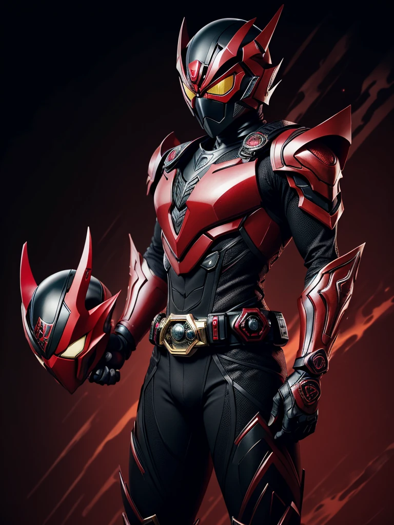 1 male. Kamen rider. Dragon styled kamen rider. Red and black female kamen rider suit. Dragon styled full face kamen rider helmet. No face exposed. No hair exposed. Kamen rider belt. Standing pose. Red light background