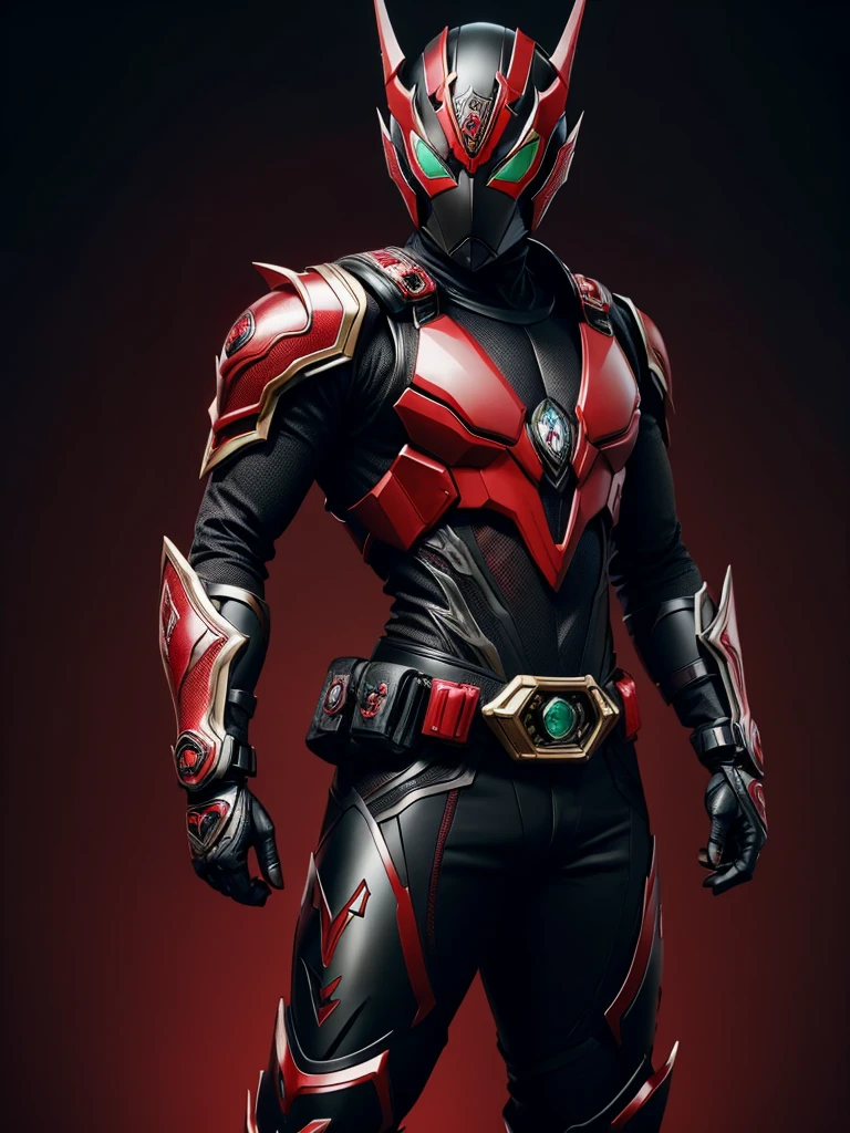1 male. Kamen rider. Dragon styled kamen rider. Red and black female kamen rider suit. Dragon styled full face kamen rider helmet. No face exposed. No hair exposed. Kamen rider belt. Standing pose. Red light background