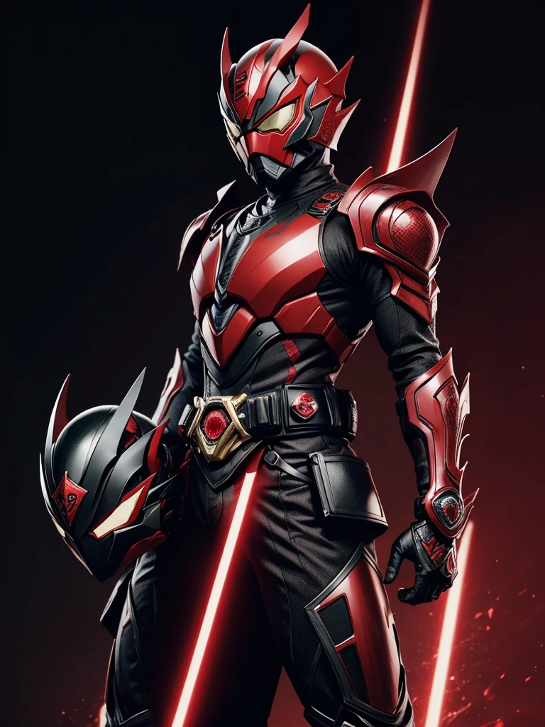 1 male. Kamen rider. Dragon styled kamen rider. Red and black female kamen rider suit. Dragon styled full face kamen rider helmet. No face exposed. No hair exposed. Kamen rider belt. Standing pose. Red light background