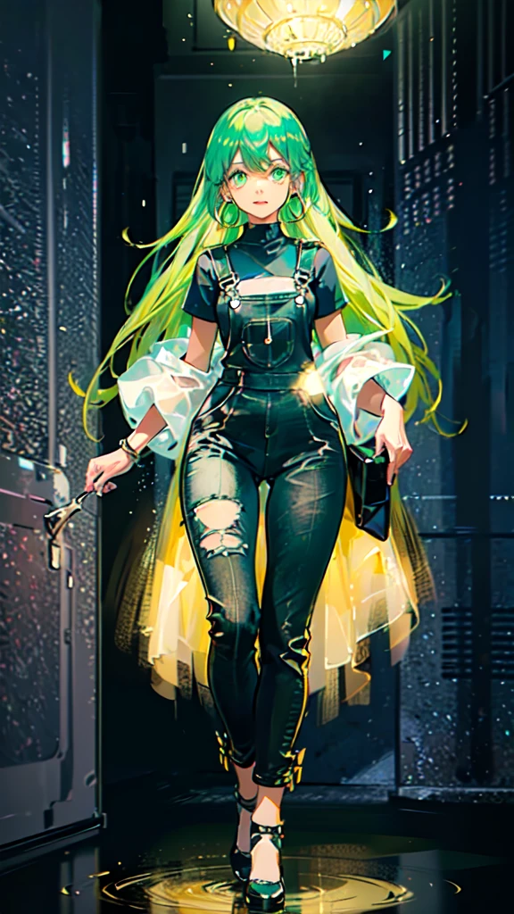 masterpiece, best quality,1girl, ((young girl)), ((large round magical green eyes)), shiny skin, (thin waist), (long curlly green hair), ((curvy)), ((wide hips)), ((hoop earrings)), ((small size)) , ((( yellow overalls))), hot, soft natural lighting, reflections, bright illuminations, deep dark black skin, ((yellow outfit)), full body