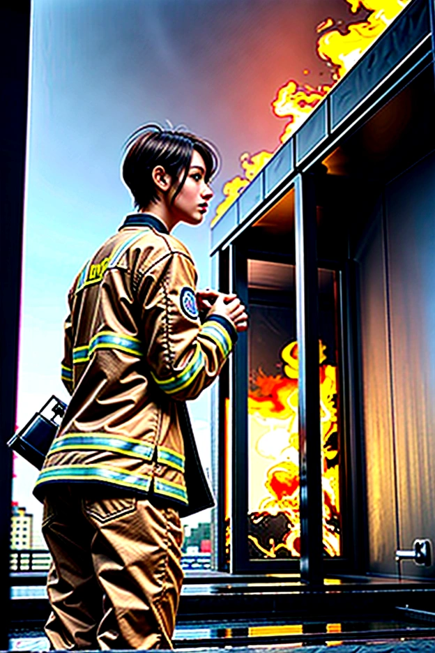 8K, masterpiece, Short-haired female firefighter inside a building on fire,