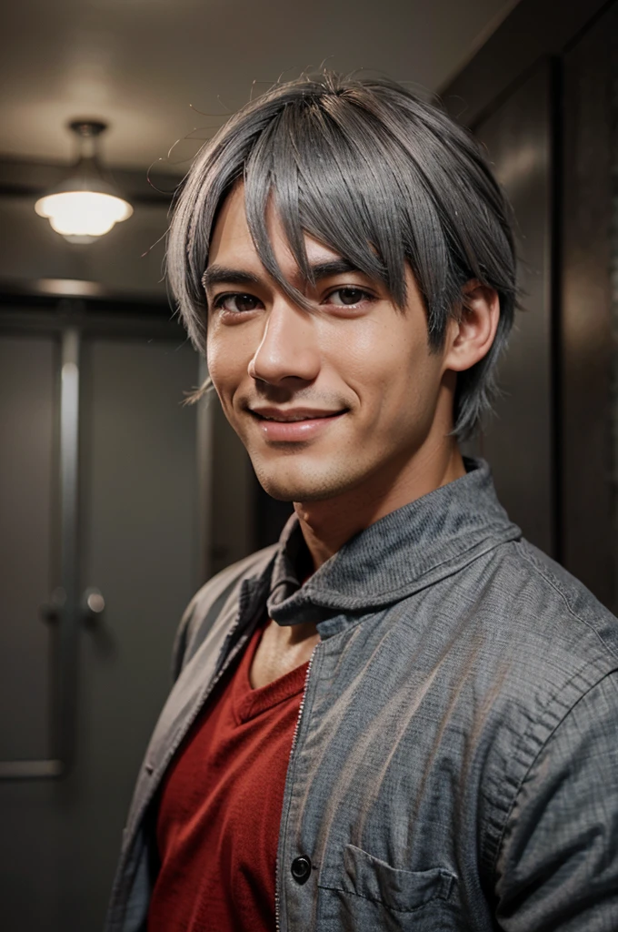 boy, anime, gray hair, red eye, smile