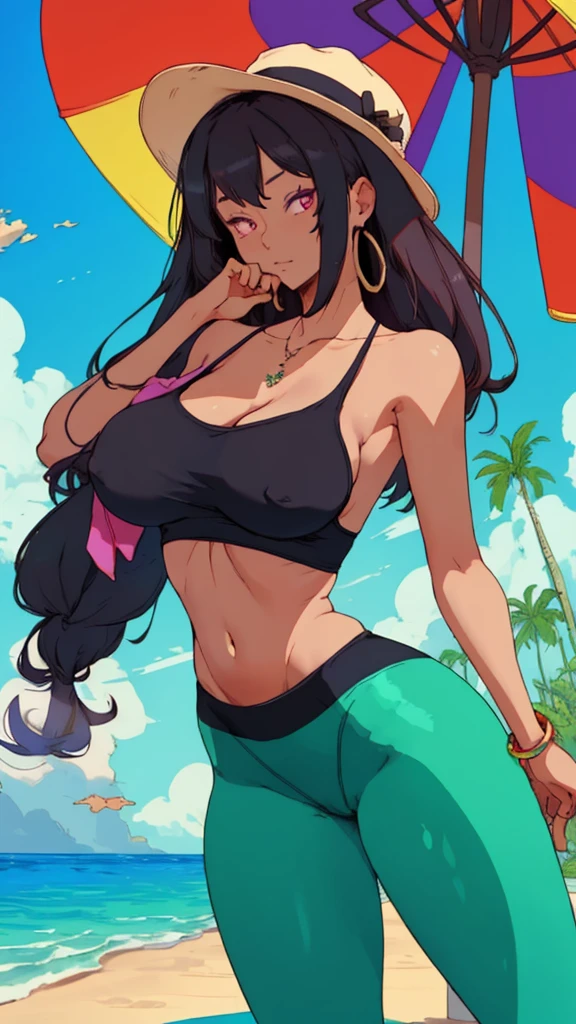 extremely delicate and beautiful, Amazing, finely detail, masterpiece, ultra-detailed, highres,best illustration, best shadow,intricate, high quality, woman, solo, purple long hair, curvy, milf, giant breasts, sexy body, camisole, (black yoga pants), minimal jewelry, hat, bright green glowing eyes, natural makeup, Alien planet, tropical beach, beach towel, fruit drinks, lotion on chest, beach umbrella, lot of colorful smoke everywhere background, palm trees, cutesexyrobutts