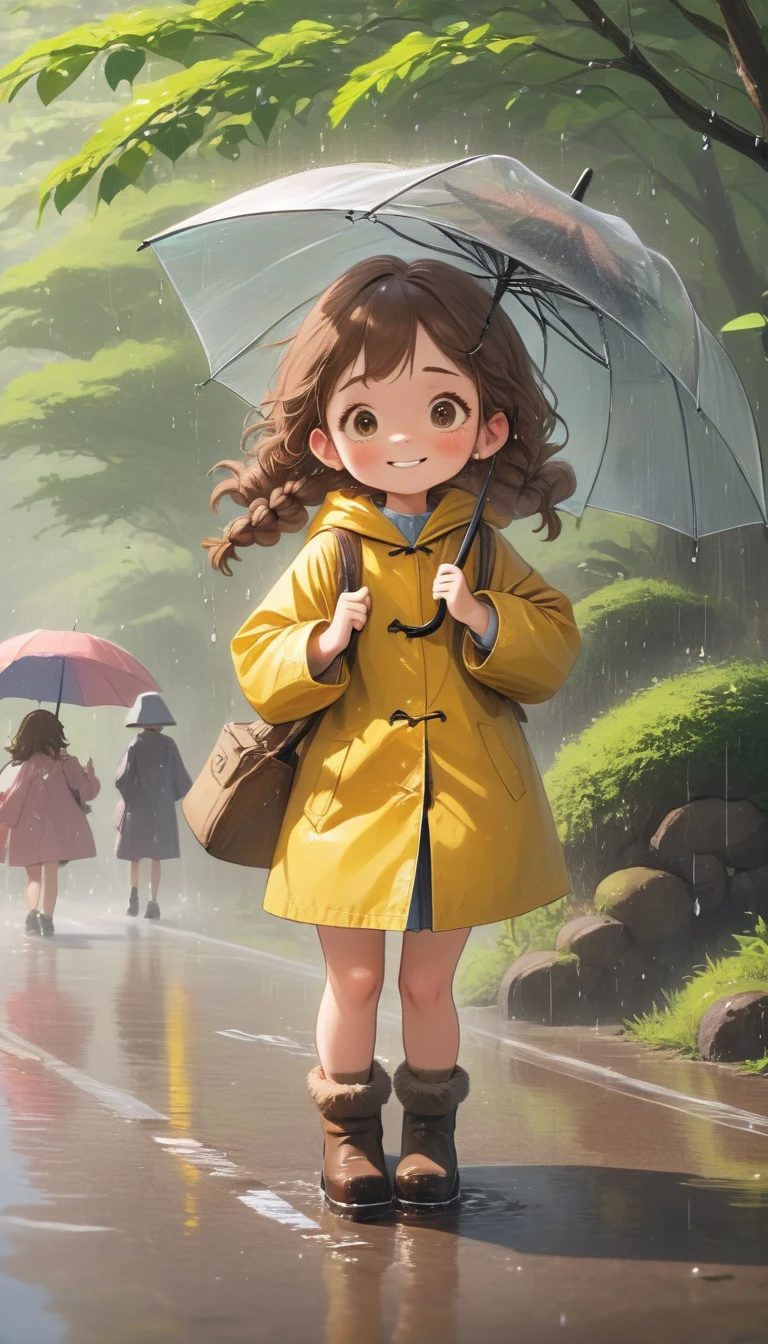 quality\(8K,Highly detailed CG unit wallpaper, masterpiece,high resolution,top-quality,top-quality real texture skin,surreal,提high resolution,original photo,highest quality,Very detailed,wallpaper\),rest、Admire My Neighbor Totoro、A girl、5Talented、Innocent and cute face、Smile、Brown hair、braid、Wet weather、Yellow raincoat、Wear a hat with a raincoat、boots、Wet girl playing with rain umbrella、quit、Sparking water in Puddle with boots、rest、Very detailed umbrella、Physically correct rain umbrella、Straight bar with U-shaped handle、umbrella、rest、Old Shrine、Camphor tree、Japanese vintage bus stop、Puddle、Splish splash, splash, splash, splash、