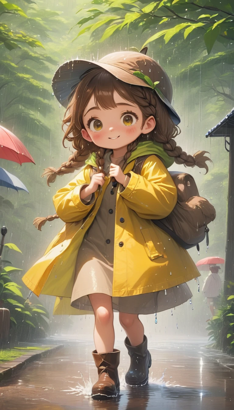 quality\(8K,Highly detailed CG unit wallpaper, masterpiece,high resolution,top-quality,top-quality real texture skin,surreal,提high resolution,original photo,highest quality,Very detailed,wallpaper\),rest、Admire My Neighbor Totoro、A girl、５Talented、Innocent and cute face、Smile、Brown hair、braid、Wet weather、Yellow raincoat、Wear a hat with a raincoat、boots、Wet girl playing with rain umbrella、quit、Sparking water in Puddle with boots、rest、Very detailed umbrella、Physically correct rain umbrella、Straight bar with U-shaped handle、umbrella、rest、Old Shrine、Camphor tree、Japanese vintage bus stop、Puddle、Splish splash, splash, splash, splash、