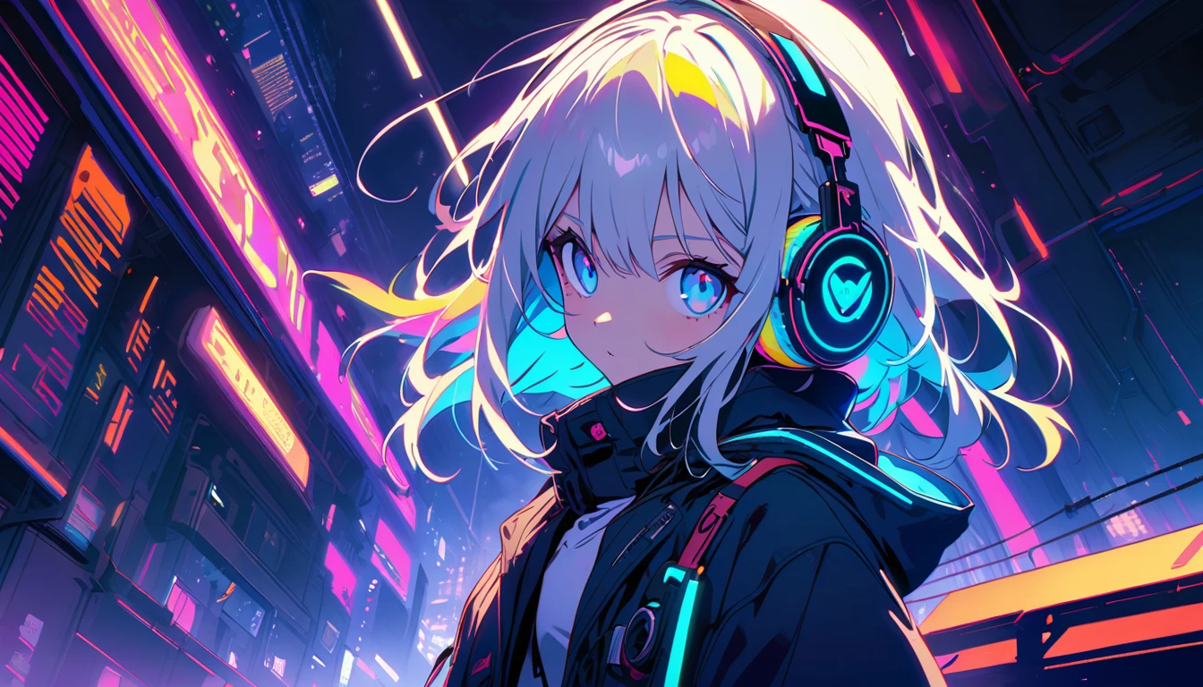 Handsome cute, Solitary, 1 female, Medium Length Hair, white hair, Rainbow hair, blue Eyes, Rainbow headphone, white food, Futuristic, Cyberpunk, Cybernetics panoramic, in the night,