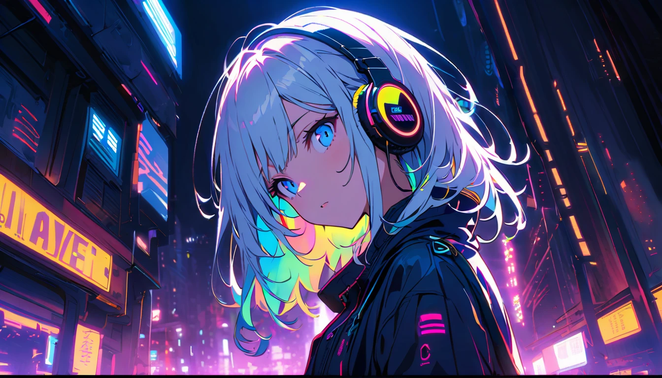 Handsome cute, Solitary, 1 female, Medium Length Hair, white hair, Rainbow hair, blue Eyes, Rainbow headphone, white food, Futuristic, Cyberpunk, Cybernetics panoramic, in the night,