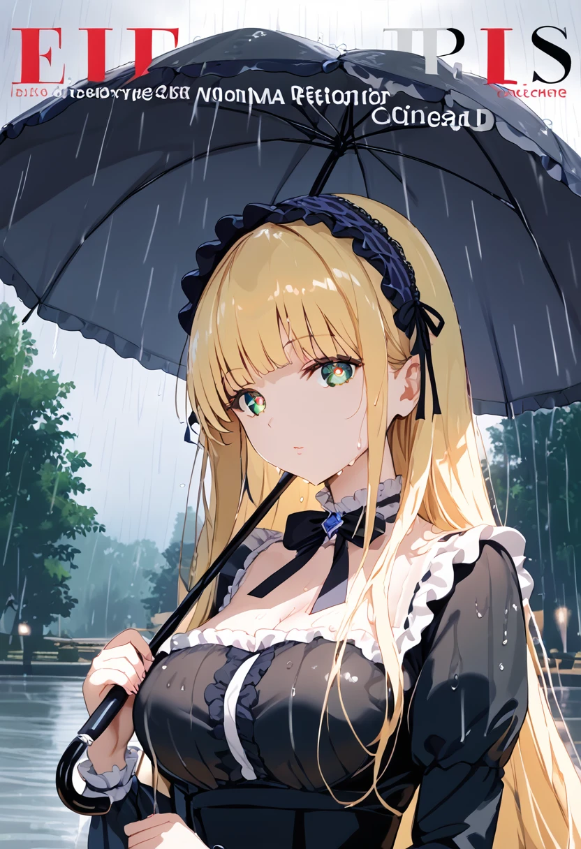 Magazine cover(masterpiece, best quality:1.2), 1 girl holding an umbrella, solitary，Wet body，blond（（Exquisite eyes））（（gothic_Lolita））outdoor，rain（HD）（（best quality））， （（Surrealism））