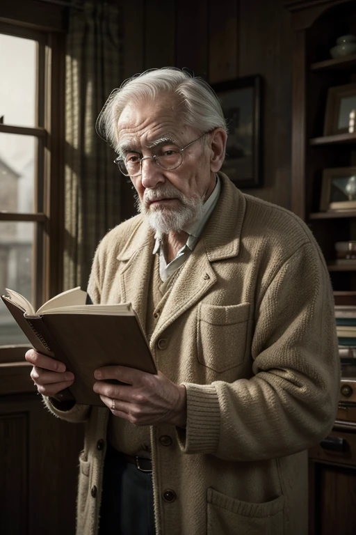 an old man reading a poem to a , 1940s, old man with wrinkled face, kind expression, listening intently, cozy indoor scene, warm lighting, sepia toned, vintage feel, cinematic composition, masterpiece, realistic, photorealistic, detailed painting, hyper detailed, award winning, intricate details, natural skin tones, dramatic lighting, beautiful colors, cinematic lighting, high quality, ultra detailed  standing in front of him paying attention to the poem