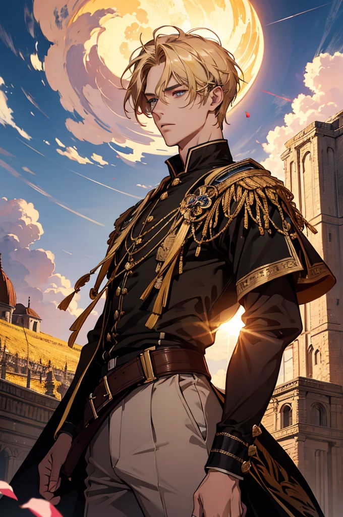 (absurdres, highres, ultra detailed), 1 male, adult, handsome, tall muscular guy, broad shoulders, finely detailed eyes and detailed face, fantasy, dark theme, cinematic lighting, colorful, portrait, flying petal, Flowery meadow, cloudy sky, building, sun, light, dutch angle, cowboy shot, golden hair, burning, golden flames, white and red uniform, short hair, standing in front of sun