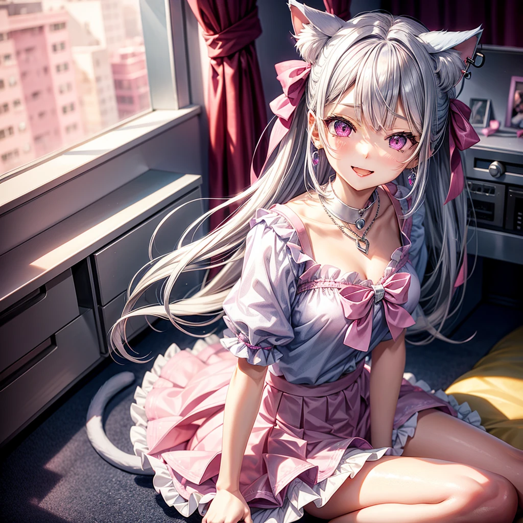 Silver hair, pink eyes, body, cat ears, sexy girl, earrings, kawaii background, hair bows, pink blue blouse, skirt uniform, bells necklace, happy face, bedroom