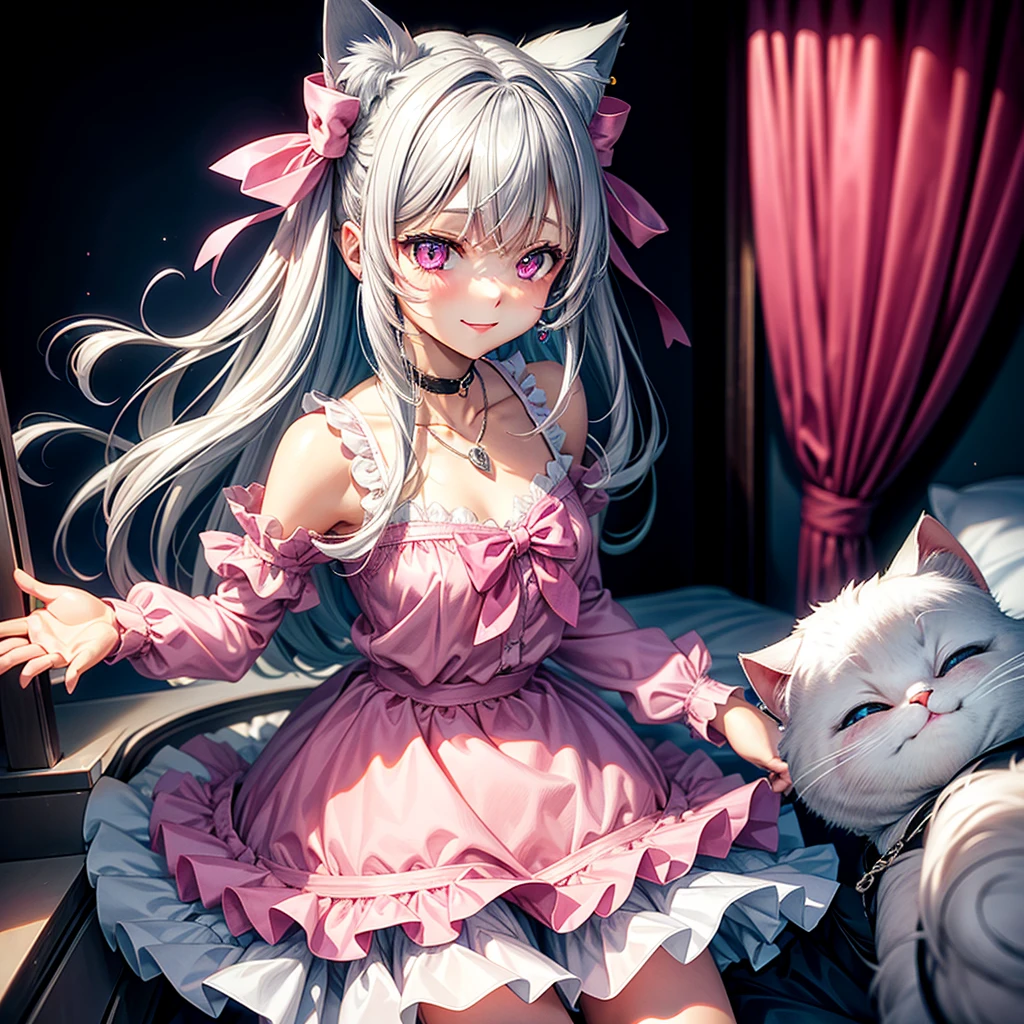 Silver hair, pink eyes, body, cat ears, sexy girl, earrings, kawaii background, hair bows, pink blue blouse, skirt uniform, bells necklace, happy face, bedroom