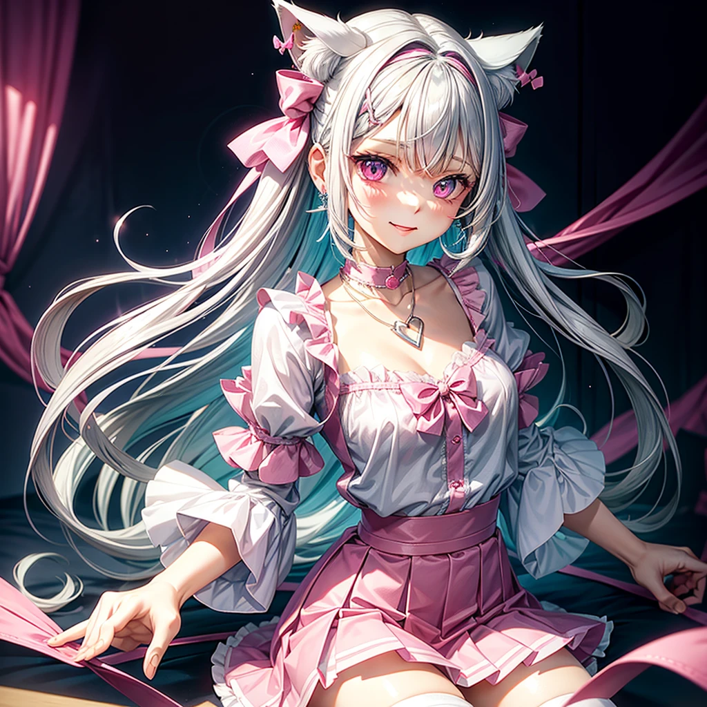Silver hair, pink eyes, body, cat ears, sexy girl, earrings, kawaii background, hair bows, pink blue blouse, skirt uniform, bells necklace, happy face, bedroom
