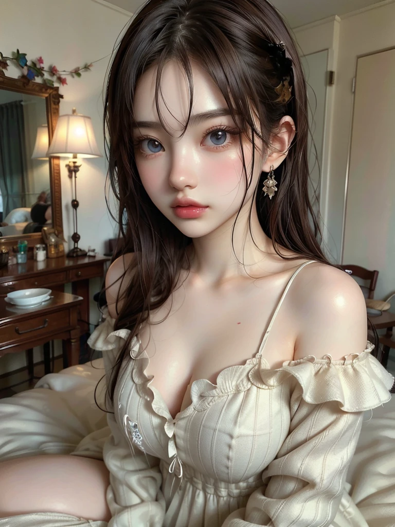 (Skin dents:1.5), Realistic, Realistic, (masterpiece:1.5), Concept Art, Intricate details, Very detailed, Realistic, Octane Rendering, 8K, Unreal Engine, Dynamic pose, Highest quality, High resolution, (Realistic Face:1.1), (超Realistic:1.1), ((full_body)), Perfect Eyes,(Shiny skin:1.2), (((Hairstyle))), (((Perfect hand 1.5))), (Very detailed背景), ((Dynamic Background)), (Light), ((fine grain, High quality eyes, High quality face)), (((flowing Hairstyle))), wonderful, Written boundary depth, Bokeh, 4K, ((Gothic 1.5)),, Lightning, Glowing blue iris, (((Gorgeous see-through dress for the evening)1.5)),Sparkling necklace and earrings、Bust up photo