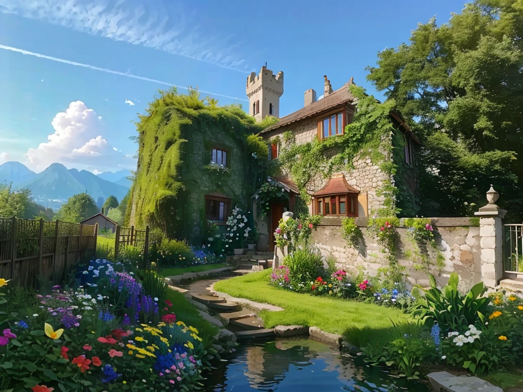 8K picture quality,Best quality,masterpiece,HD,Super rich detail,detailed,Many fairy-tale castles,The yard is huge,The yard is full of flowers,A wide variety of flowers,All flowers are planted in one garden,There is also river water in the garden,Creek,pond,lake,Lake,Rios,J,Everything in the same picture,Lifelike,The picture is very realistic,Very real,The vegetable garden was neat inside,There are mountains and water in the distance,sky sky,cloud,Tree。Country Road。Industrious people grow flowers,The picture is very warm,HD,The picture is realistic,Strong realism,The focus is on the garden castle and the river,Images are colorful,High contrast,There is only one scene,No split screen,Do not crop the image,Keep the picture rich and complete