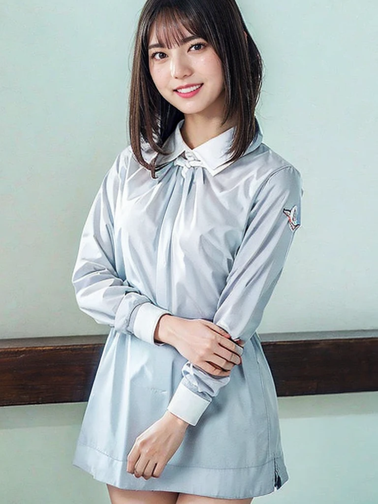 raw photo, 1girl, medium breast, collared blouse, White blouse, light smile, detailed skin, Are standing, simple background, Above the knee, photorealistic, masterpiece, best quality, anatomically correct