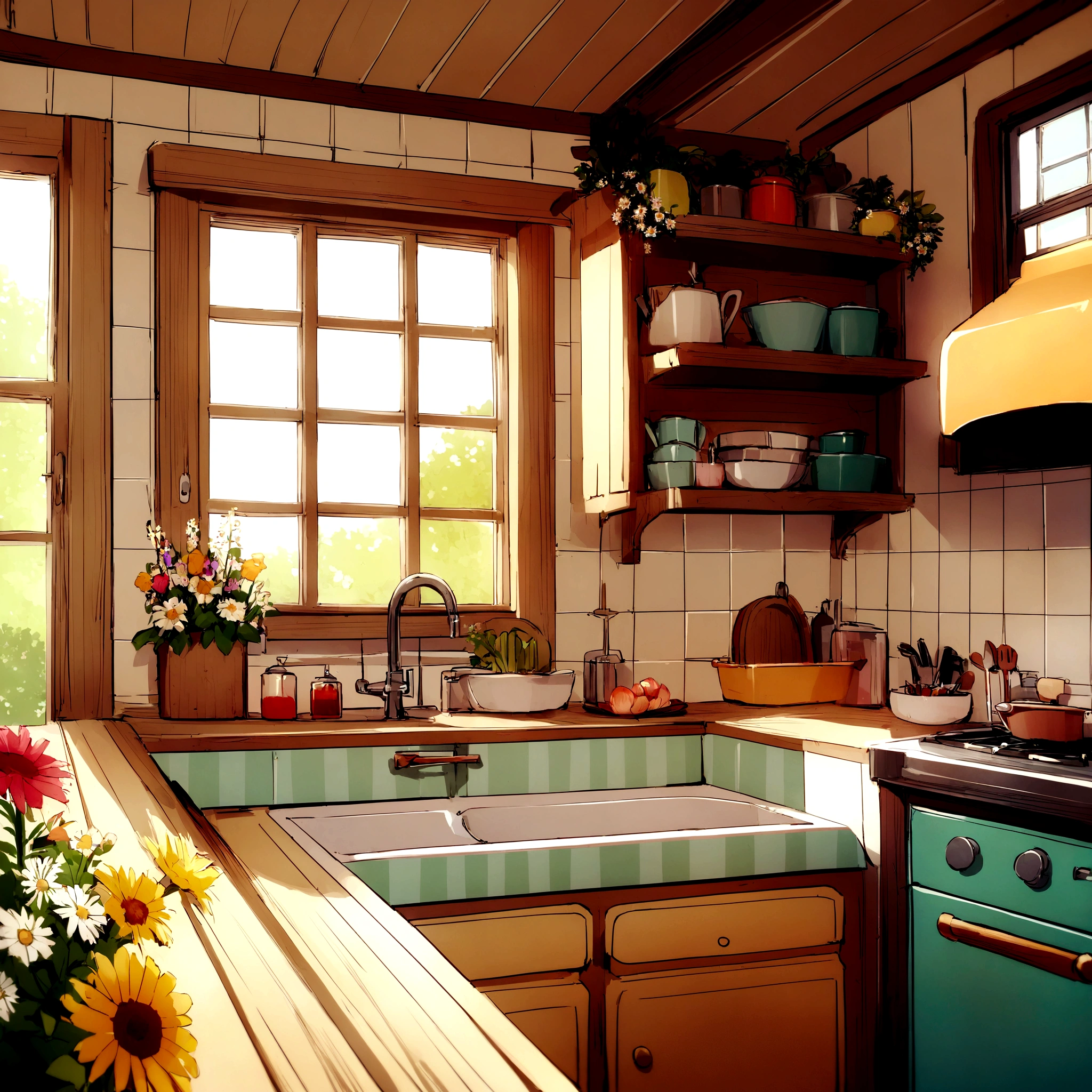 there is a kitchen with a table and a sink and a window, Cottagecore hippie, Cottagecore, Cottagecore!!, With flowers and plants, Colorful flowers and plants, small kitchen, cute kitchen, Romantic green, kitchen, Aesthetics of Nature and Flowers, Retro Vintage and Romanticism, house kitchen on a sunny day, adorned with flowers