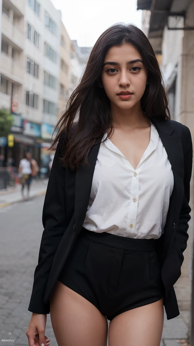 A beautiful young woman, Ananya Pandey wearing black suit white Full figure view, perfect anatomy, ultra detailed face and eyes, ultra sharp HDR, realistic realism, 8k