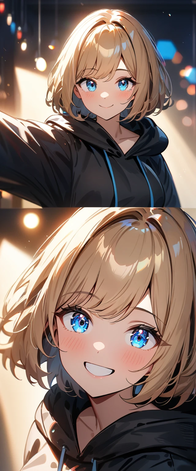 (((One girl))), blond hair, bob cut, (upper body), face in focus, (looking at viewer), breasts, teenager, head tilt:1.3, (((blue eye))), wide-eyed, (from side), selfie, reaching, ((happy smile)), black hoodie:1.3, black shorts:1.3, anime style, (best quality, 4k, 8k, highres, masterpiece:1.2, ultra-detailed, ultra-detailed eyes, HDR, UHD, studio lighting, ultra-fine painting, sharp focus, physically-based rendering, extreme detail description, professional, vivid colors, bokeh)