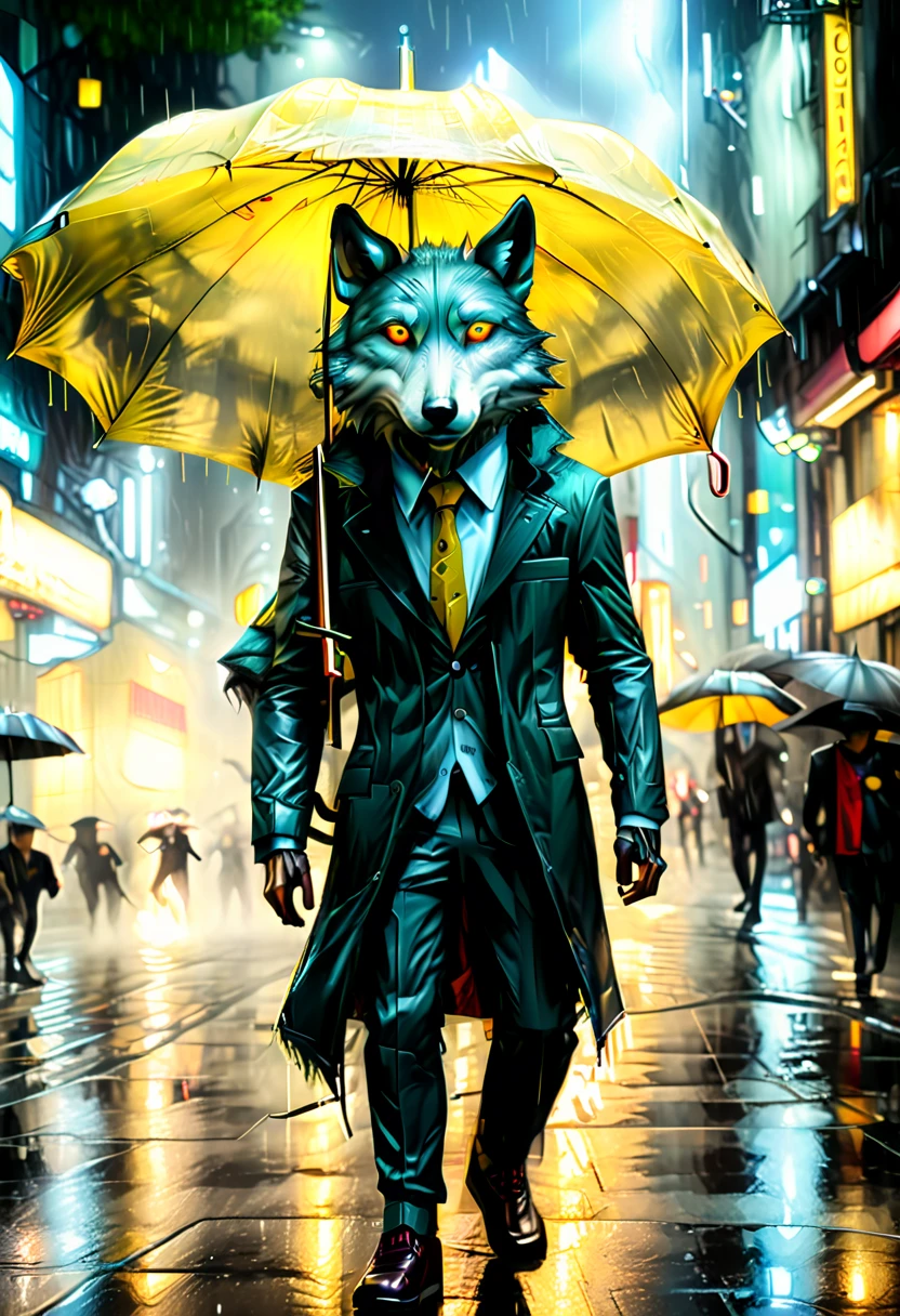 high details, best quality, 16k, RAW, [best detailed], masterpiece, best quality, (extremely detailed), full body, photorealistic, a picture of anthomprh wolf holding an umbrella in cyberpunk street at the rain at night, an epic anthomorph wolf with dynamoc color fur, red glowing eyes, howling to the moon at night, he wears an elegant suit and tie, dark pants, dynamic elegant pants, he is ((holding: 1.3) a yellow umbrella: 1.3) , in a dark cyberpunk street at night there is a full moon, it is raining, (highest quality:1.2, Very detailed, up to date, Vibrant, Ultra-high resolution, High Contrast, masterpiece:1.2, highest quality, Best aesthetics), best details, best quality, highres, dynamic angle, 16k, [ultra detailed], masterpiece, best quality, (extremely detailed: 1.5), Intense gaze, xh