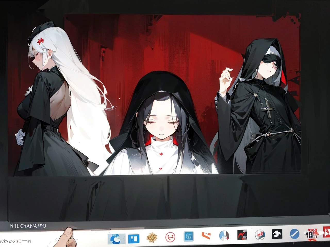 Make an anime poster, has 4 women in it, on the left side a classy dressed beauty with only the colors red and white, has an angelic presence but a demonic personality, she wears a hat on her head and a long mature gown. On the middle, a millitary general with black and white hair, and a blindfold covering her eyes. Behind her in the back, a woman faded in the background, only her eyes red Phoenix can be seen. Finally at the very right side a nun with a blindfold and a church nun fantasy black dress, holding her hands together symbolizing a prayer gesture.