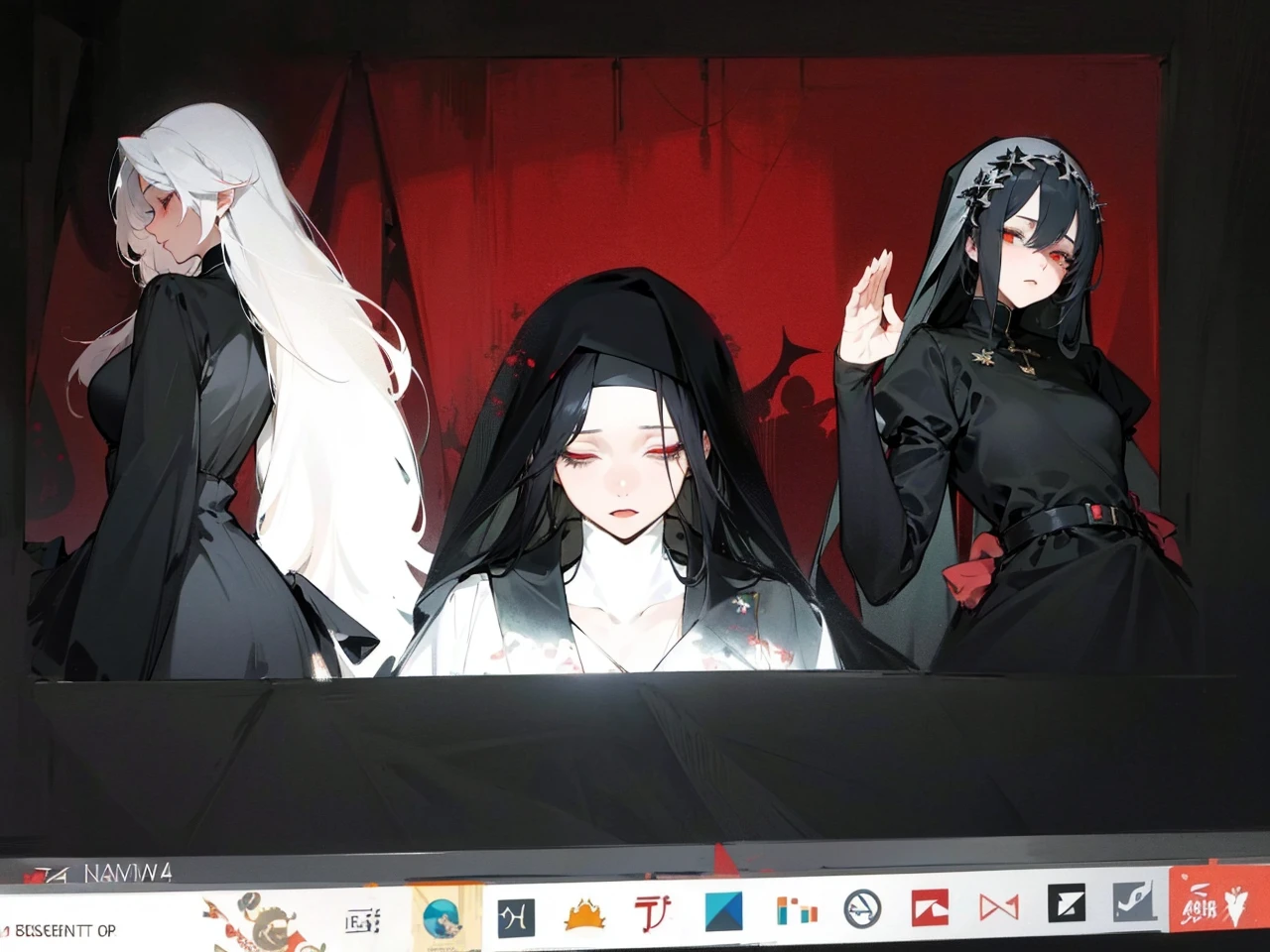 Make an anime poster, has 4 women in it, on the left side a classy dressed beauty with only the colors red and white, has an angelic presence but a demonic personality, she wears a hat on her head and a long mature gown. On the middle, a millitary general with black and white hair, and a blindfold covering her eyes. Behind her in the back, a woman faded in the background, only her eyes red Phoenix can be seen. Finally at the very right side a nun with a blindfold and a church nun fantasy black dress, holding her hands together symbolizing a prayer gesture.