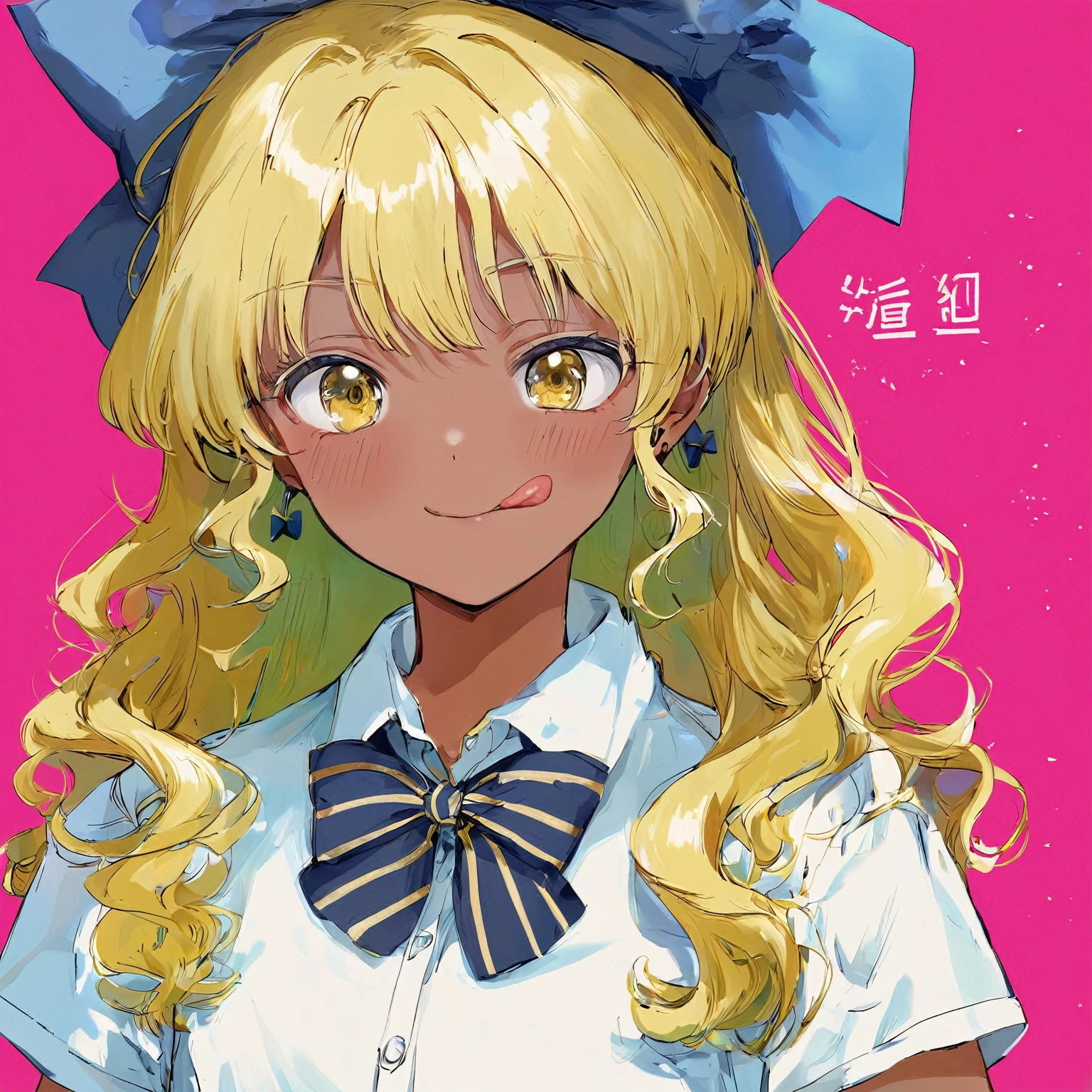 score_9,  sauce_anime, Break 1 Girl, Blonde, alone, Improve, jewelry, tongue, tongue out, Earrings, Long Hair, Yellow Eyes, bow, shirt, Dark skinned women, Kogal, Dark Skin, View your viewers, Upper Body, bowtie, white shirt, , blue Best, Best, bangs, Short sleeve, chest, :p, Wavy Hair, collared shirt, smile, blush, Striped, eyelash,