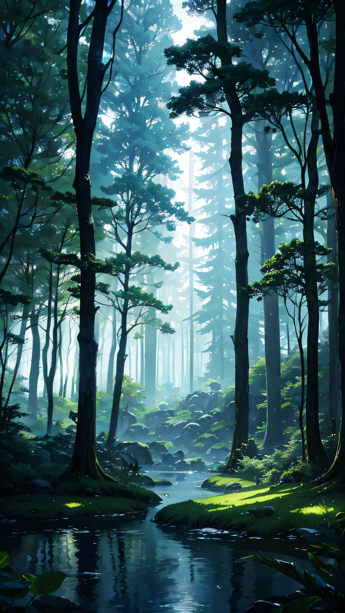 Enchanting forest under the moonlight: A dense forest containing tall trees and lush green leaves, interspersed with silver rays of the moon that reflect on a small pool of water in the middle of the forest, creating a peaceful, enchanting atmosphere.Vibrant wallpaper HD 4K