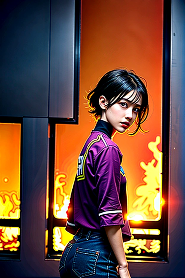 8K, masterpiece, Short-haired female firefighter inside a building on fire, 