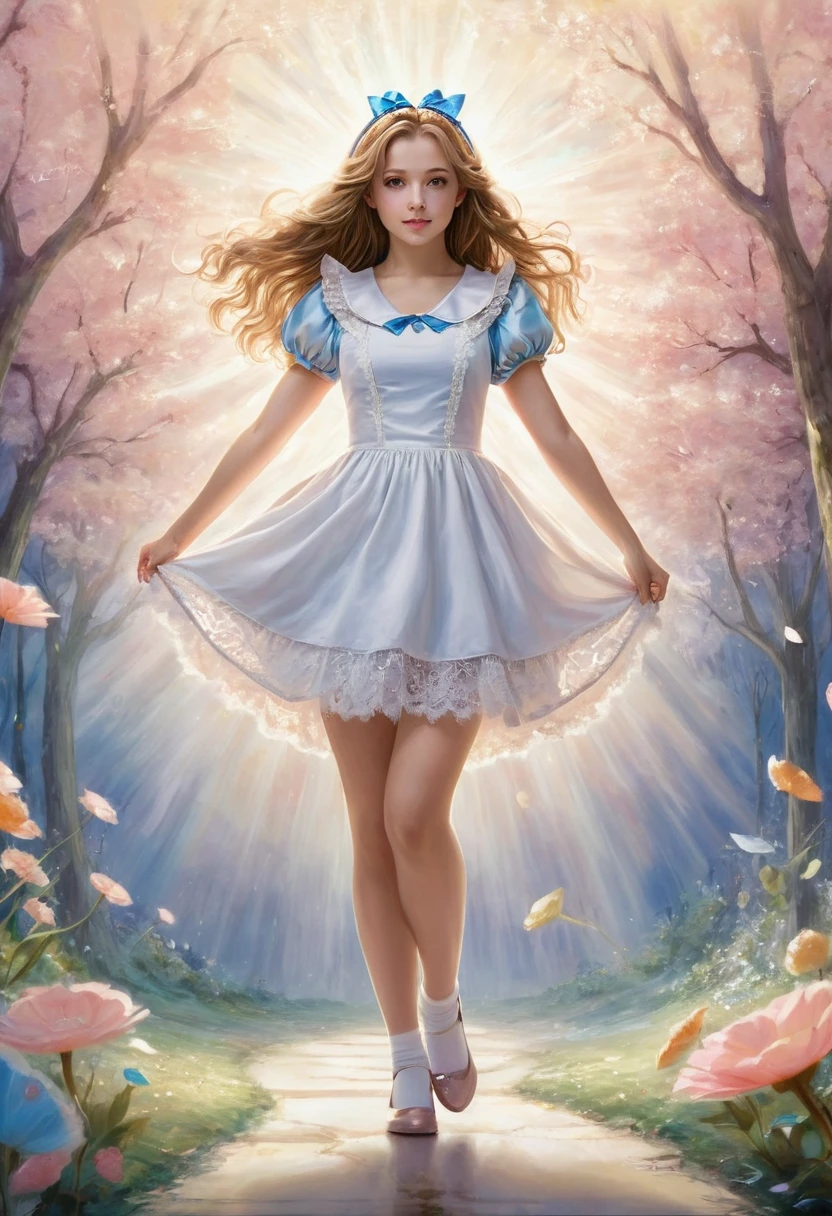 A young woman, approximately 20 years old, stands proudly in a white mini dress, her light brown hair flowing around her like a soft halo. Her sparkling light brown eyes hold a mischievous glint, pulling you into her whimsical world. This Alice in Wonderland-inspired character comes to life in a stunning anime painting, where every brushstroke captures her youth and enchantment. The intricate details showcase her delicate features, from the rosy blush on her cheeks to the intricate lace trimming on her dress. The artist skillfully juxtaposes her innocence with a sense of curiosity, making her vibrant image resonate with viewers. It is a breathtaking masterpiece, radiating with the brilliance that only a high-quality painting can convey.