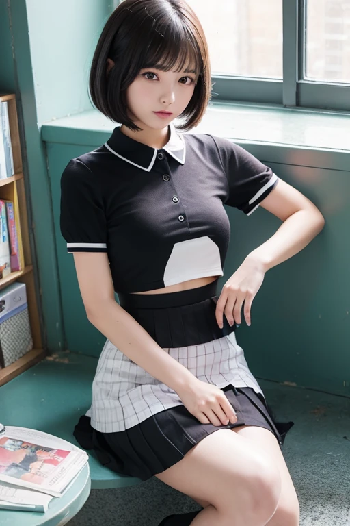 high school girl、Bob Hair、mini skirt、stockings、See-through、sit