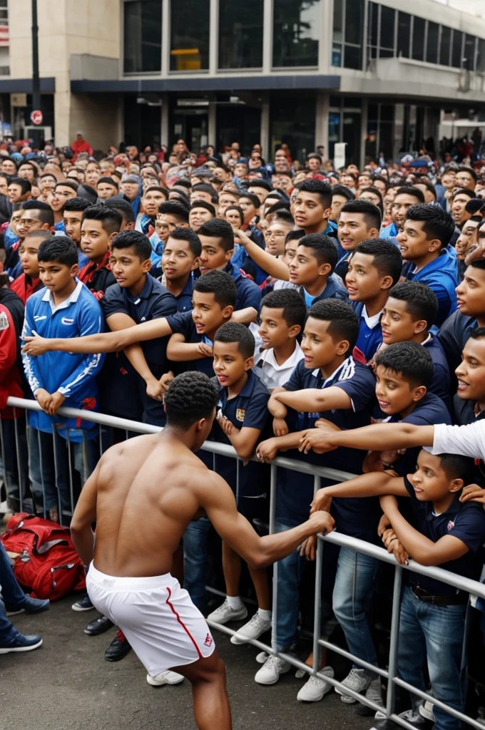 A young boy with a crowd of people behind him to defend him 