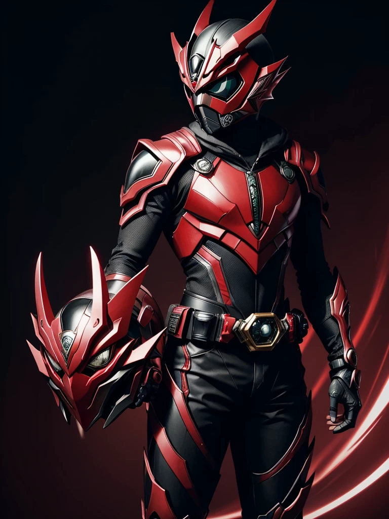 1 male. Kamen rider. Dragon styled kamen rider. Red and black female kamen rider suit. Dragon styled full face kamen rider helmet. No face exposed. No hair exposed. Kamen rider belt. Standing pose. Red light background