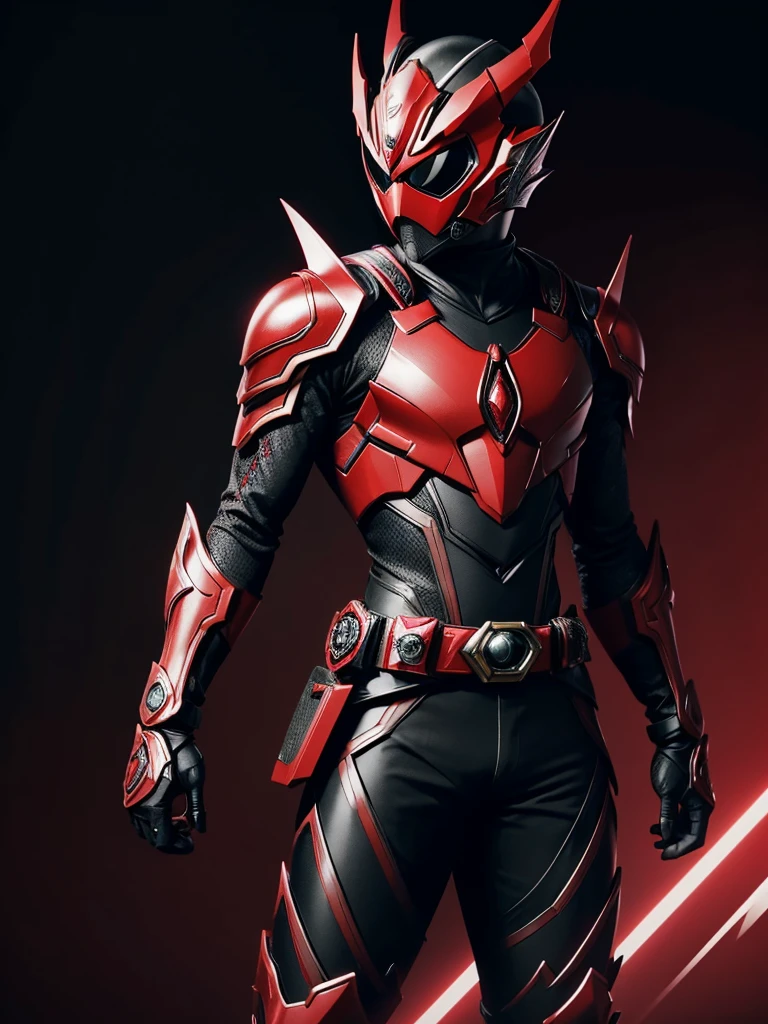 1 male. Kamen rider. Dragon styled kamen rider. Red and black female kamen rider suit. Dragon styled full face kamen rider helmet. No face exposed. No hair exposed. Kamen rider belt. Standing pose. Red light background