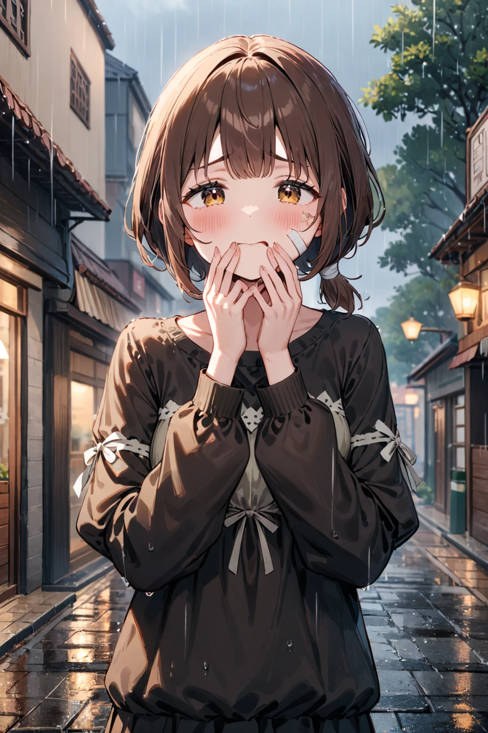 1 girl, miccon shikimori, from shikimori not just a cutie, center, slightly sad expression, wearing a black sweatshirt, with a small bandage on her cheek, long brown hair tied in a low ponytail, with a few loose strands framing her face, standing in a rainy street, with the rain blurring the background details, masterpiece, best quality, very aesthetic, absurdres --style 1 --preset 3, ((medium quality)), ((medium quality))